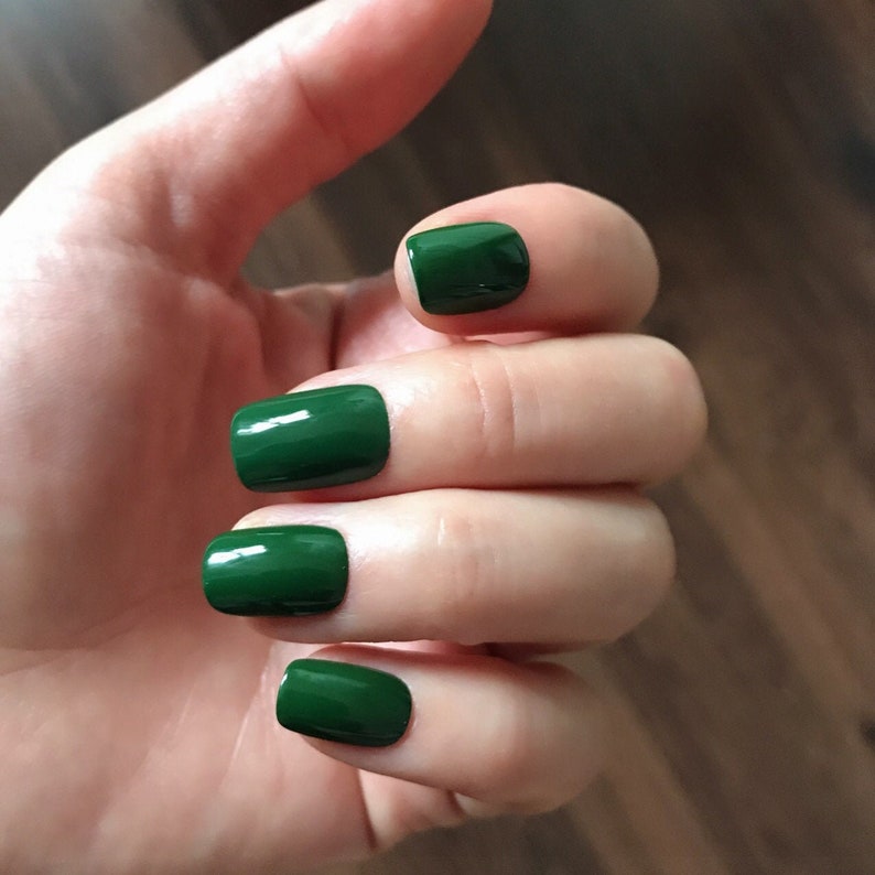 Short Squoval Glossy Deep Green Hand Painted Short Nail Etsy