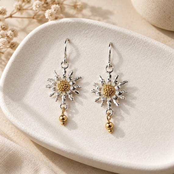 Pendientes  Eguzkilore de plata, Amuleto vasco hecho a mano.Pendientes flor del sol protectora Regalo tradicional vasco Joyería artesanal