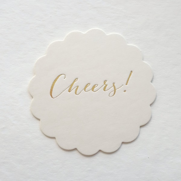 Gold Foil Cheers Scallop Coasters - Set of 10 // Perfect for your wedding, bridal shower, hens, engagement party, celebration!