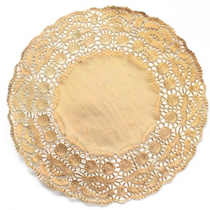 100 Doilies Redondos de Oro Metálico de 11.5". Papel de encaje de lámina. Uso para manteles, cargadores, invitaciones, bombonieres, favores