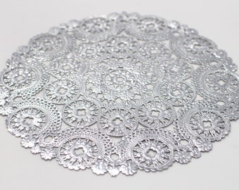 50 Metallic Silver 10" Round Medallion Doilies. Foil Lace Paper. Use for Placemats, Invitations, Bombonieres, Favors