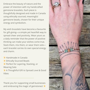May include: A brown string bracelet with green and brown beads. The bracelet is on a person's wrist. The text on the image reads: "Handmade in Canada, Ethically Sourced Beads, Perfect for Layering, Stacking, or Wearing Solo, A Thoughtful Gift to Spread Love & Good Vibes, Thank you for supporting small businesses and embracing the magic of gemstones!"