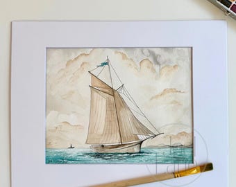 Sailboat Watercolor Painting: Coastal Nautical Art, Matted 11x14