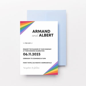 Modelo de convite de casamento - Design de arco-íris do orgulho LGBTQ+ editável para casais gays e lésbicas, download digital