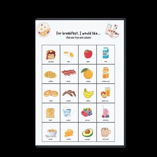 Breakfast menu for kids, children's meal plan, PDF printable, food choices, digital download