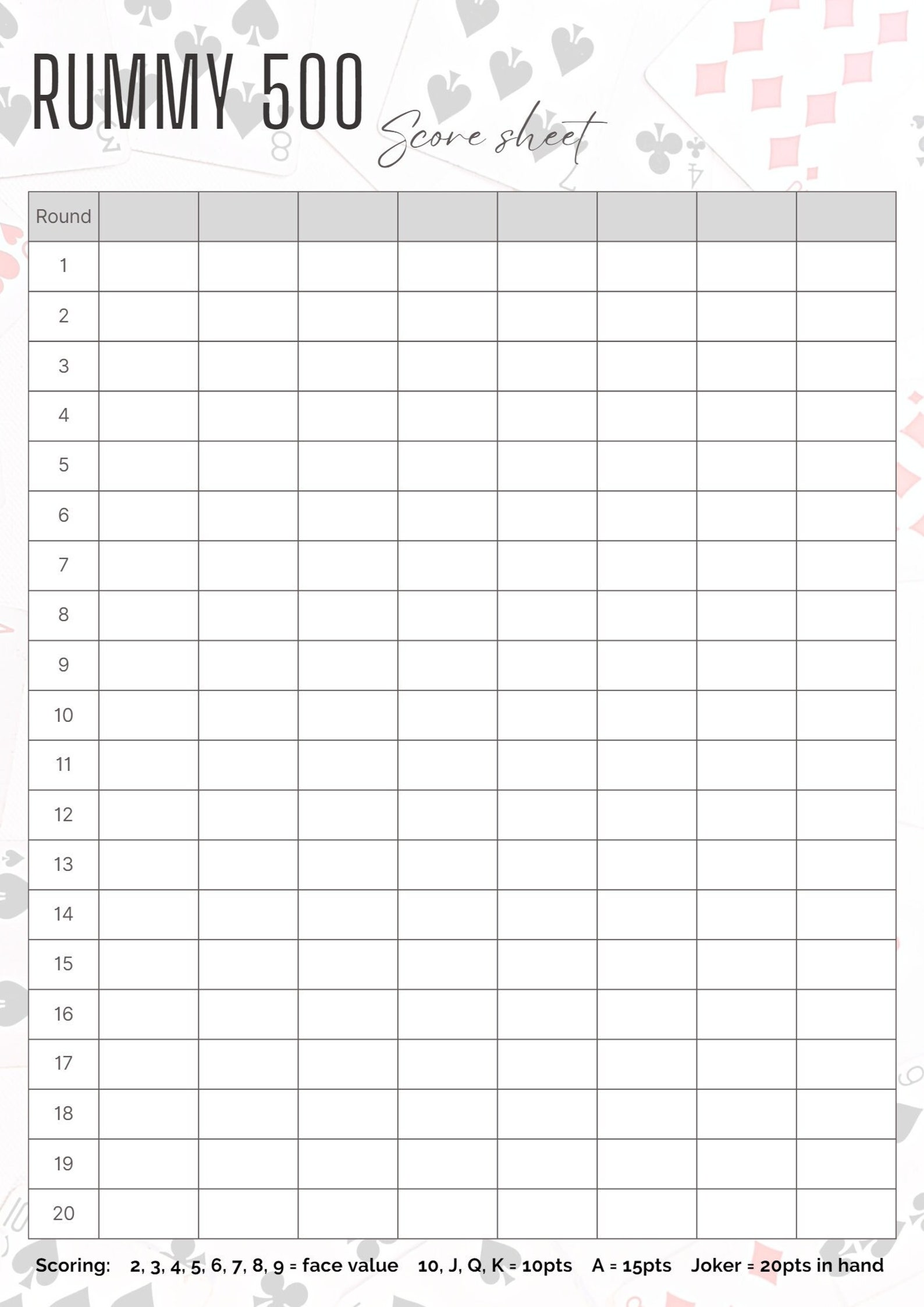 Rummy Score Sheet, Rummy Score Card, Printable Rummy 500 Score Page