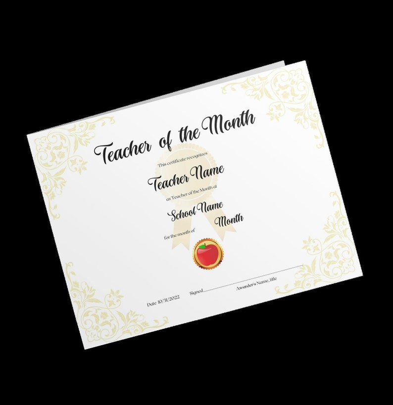 Editable Teacher of the Month Award Certificate - Instant Digital ...