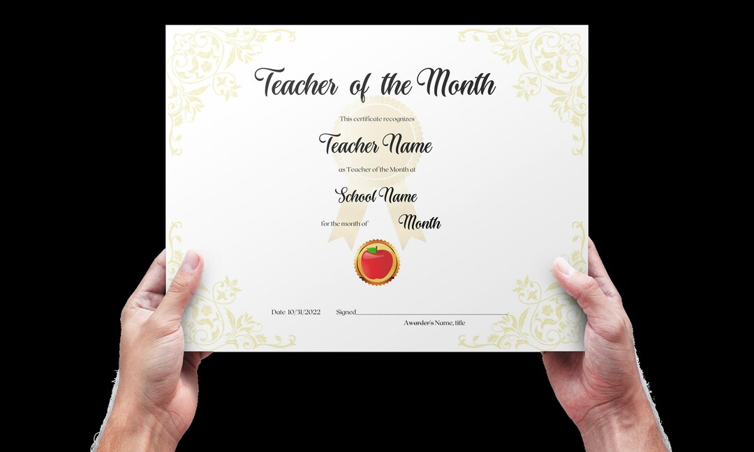 Teacher of the Month Award Certificate Template EDITABLE Digital ...