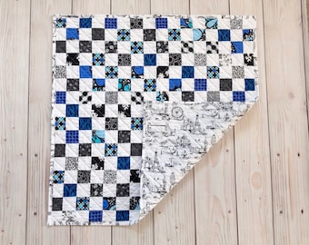 Baby/Lap Postage Stamp Cotton Handmade Quilt in Black, White, and Blue
