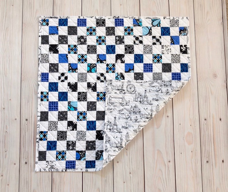 BabyLap Postage Stamp Cotton Handmade Quilt in Black and Blue White