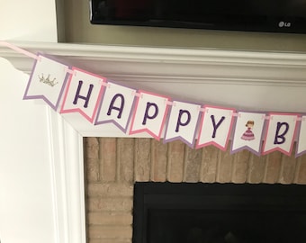 Princess Themed Happy Birthday Banner in Pink and Purple
