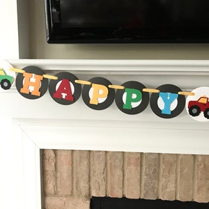 Cars and Trucks Themed Happy Birthday Banner - Tow Truck - Police Car