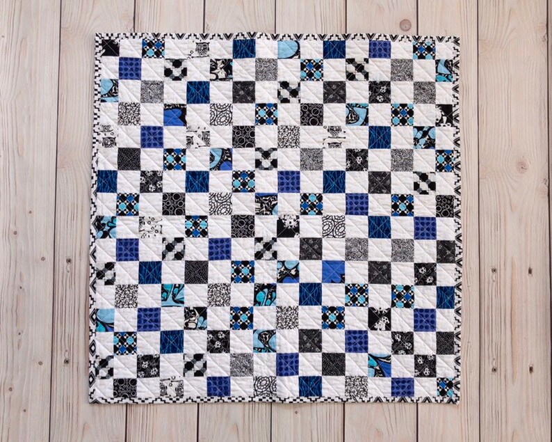 BabyLap Postage Stamp Cotton Handmade Quilt in Black and Blue White