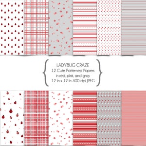 Ladybug Craze Digital Paper 12 Disegni in rosso, grigio e bianco