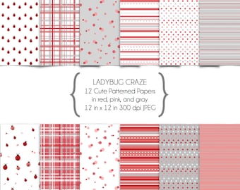 Ladybug Craze Digital Paper 12 Designs in Red, Gray, and White