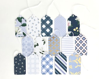 Beautiful Blues Paper Gift or Price Tags with String Set of 15