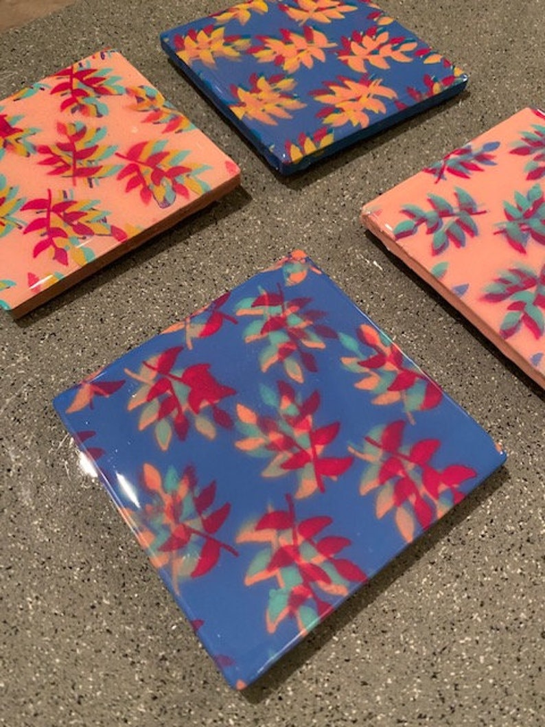 set of 4 Abstract Flower Abstract Art Handmade Tile Coasters