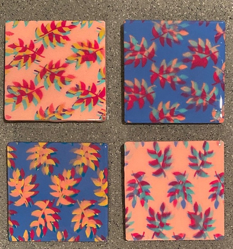 set of 4 Abstract Flower Abstract Art Handmade Tile Coasters