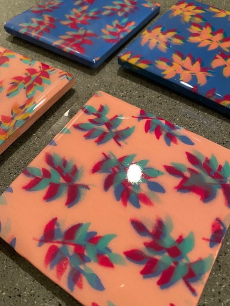 set of 4 Abstract Flower Abstract Art Handmade Tile Coasters