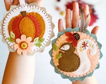 PDF PATTERN for Fall ornaments, felt pumpkin and squirrel fall ornaments