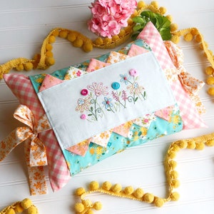 PDF Floral embroidery sewing pillow pattern, flower pillow cover pattern aqua pink gingham