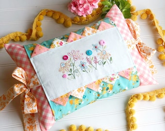 PDF Floral embroidery sewing pillow pattern, flower pillow cover pattern aqua pink gingham