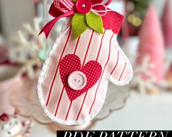 PDF Holiday Mitten Ornament pattern, red white pink Christmas felt sewing applique pattern