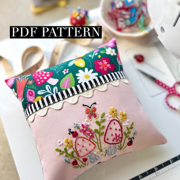 PDF sewing pattern Mushroom pincushion. Embroidered sewing notion