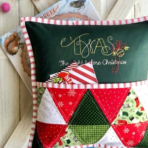 Pdf Christmas pillow pattern, Twas the night pillow, pillow pocket to hold books and cards, green and red quilted decorative pillow pattern image 1