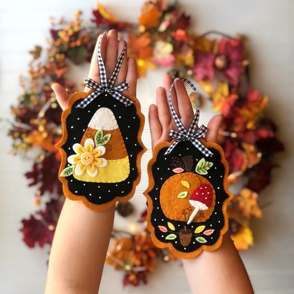 PDF Fall candy corn pumpkin folk felt ornament pattern, instant download pdf folksy primitive felt art Halloween