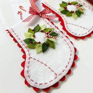 PDF Christmas felt ornament sewing pattern, stockings and wreath, embroidered candy cane red white