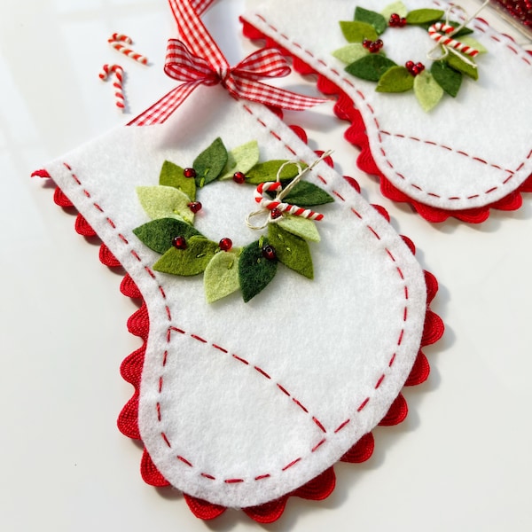 PDF sewing pattern Merry stockings felt Christmas ornament wreath tree candy cane red white