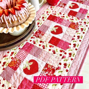PDF Strawberry applique quilted table runner sewing pattern, kitchen linen pink red summer decoration