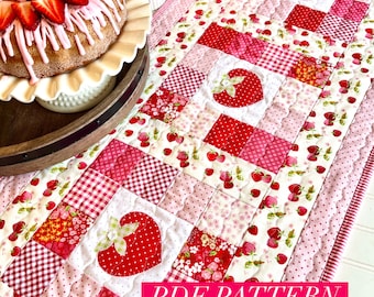 PDF Strawberry applique quilted table runner sewing pattern, kitchen linen pink red summer decoration