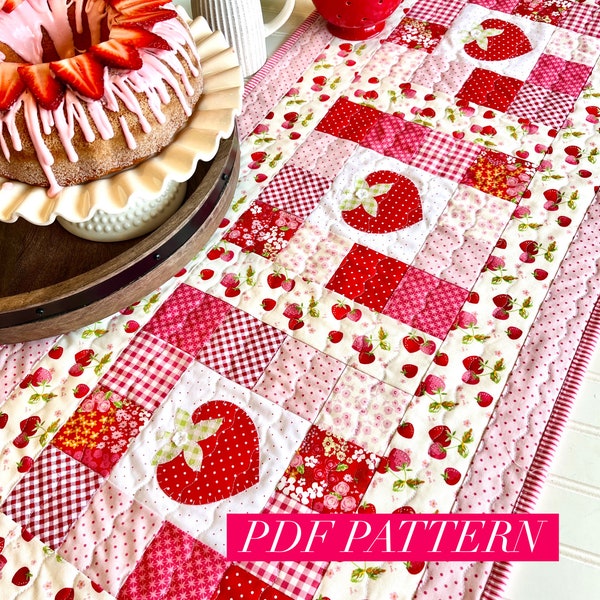 PDF Patron de couture matelassé chemin de table appliqué fraise, linge de cuisine rose rouge décoration estivale