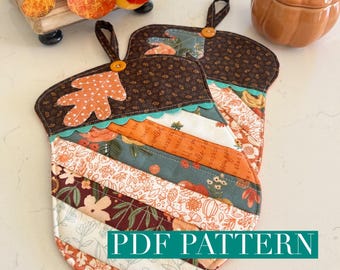 PDF Quilted Acorn scrappy hot pad sewing pattern, autumn fall fabric kitchen trivet