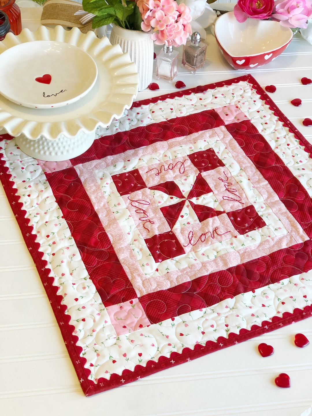 PDF Valentine Table Topper Sewing Pattern, Scrappy Red Pink Decorative Table Holiday Decor Linen