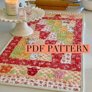Spring and summer fabric table runner sewing pattern, floral and tulip applique quilted orange pink and yellow
