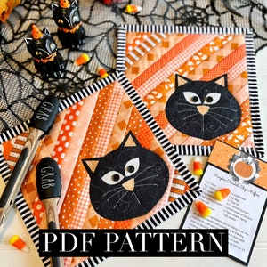 PDF ハロウィン パターン ブラック キャット ファブリック コースター、キルティング ソーイング ホット パッド ポット ホルダー、オレンジ ブラック