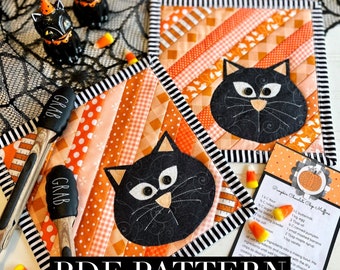 Halloween fabric coaster pattern, black cat orange sewing PDF hot pad