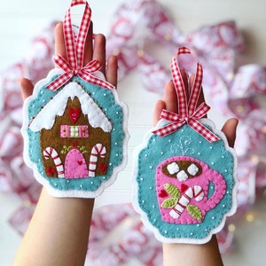 Christmas felt ornament pattern, embroidered sewing pattern pink blue gingerbread hot cocoa PDF