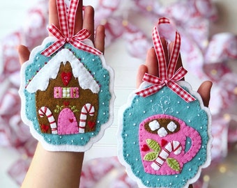 Christmas felt ornament pattern, embroidered sewing pattern pink blue gingerbread hot cocoa PDF