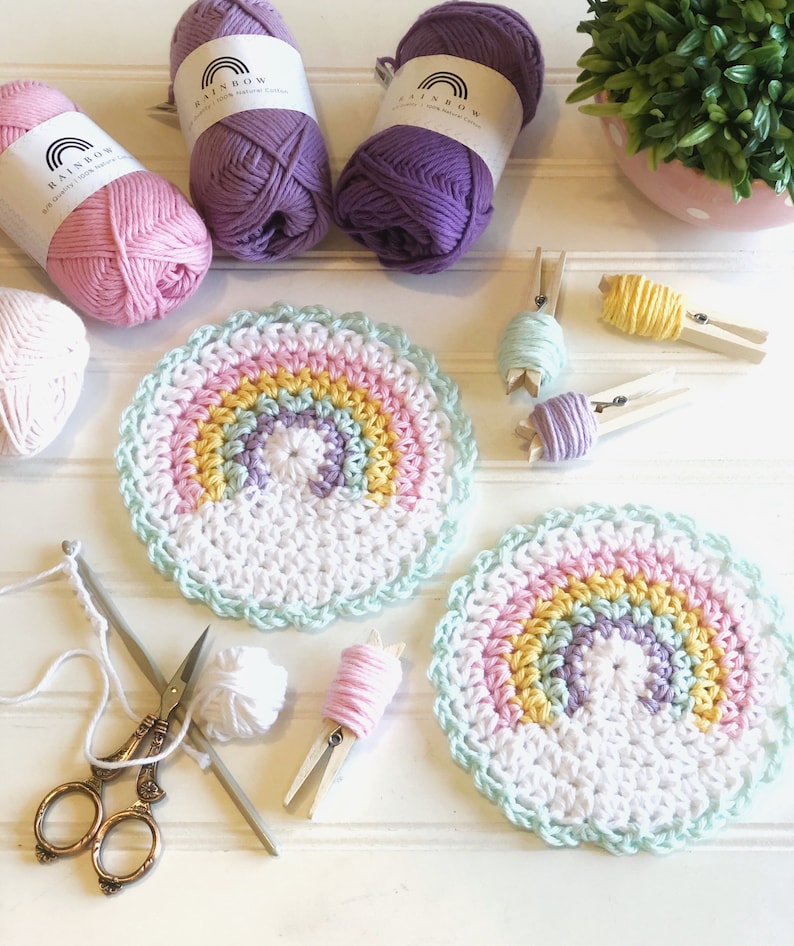 PATTERN for Rainbow Crochet Coaster rainbow coaster cotton yarn