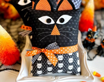 PDF Black cat mini Halloween pillow pattern, orange and black bowl filler
