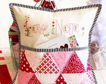 PDF Love Notes Pillow pocket pattern, valentine pillow sewing and embroidery pattern, pink and red triangle pillow cover