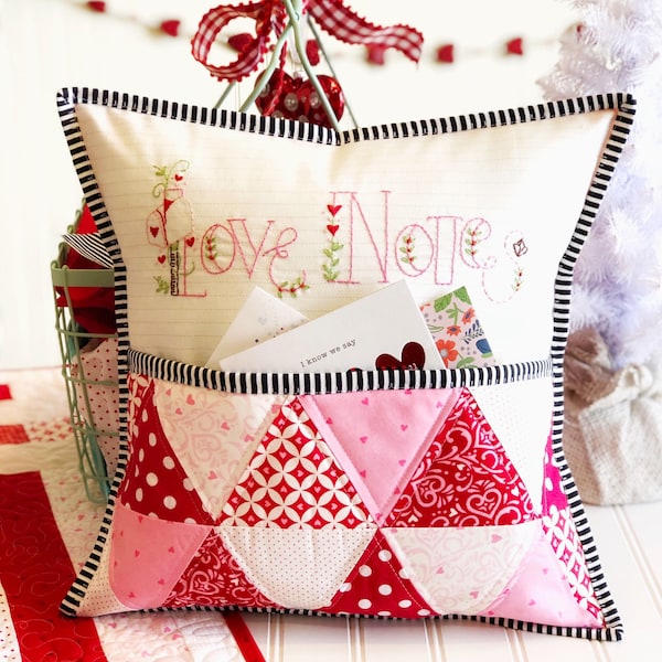 PDF Love Notes Pillow pocket pattern, valentine pillow sewing and embroidery pattern, pink and red triangle pillow cover