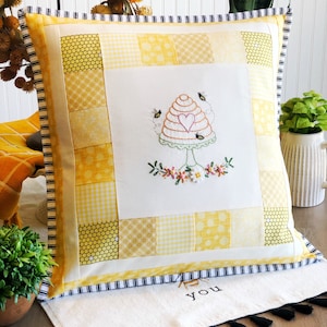 PDF Bee pillow pattern, beehive embroidered pillow cover pattern. Yellow and black bee decorative pillow