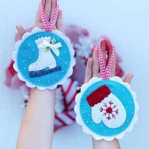 PDF Winter Bliss Felt ice skate and mitten Christmas ornament, blue and red Christmas ornament pattern