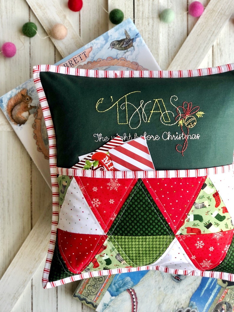 Pdf Christmas pillow pattern, Twas the night pillow, pillow pocket to hold books and cards, green and red quilted decorative pillow pattern image 1