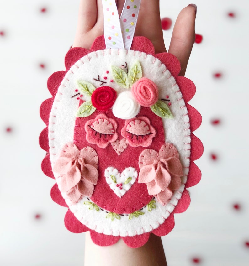 PDF Sweet Valentina felt ornament, owl pink and red love note felt craft, embroidery felt pattern Valentine's image 2